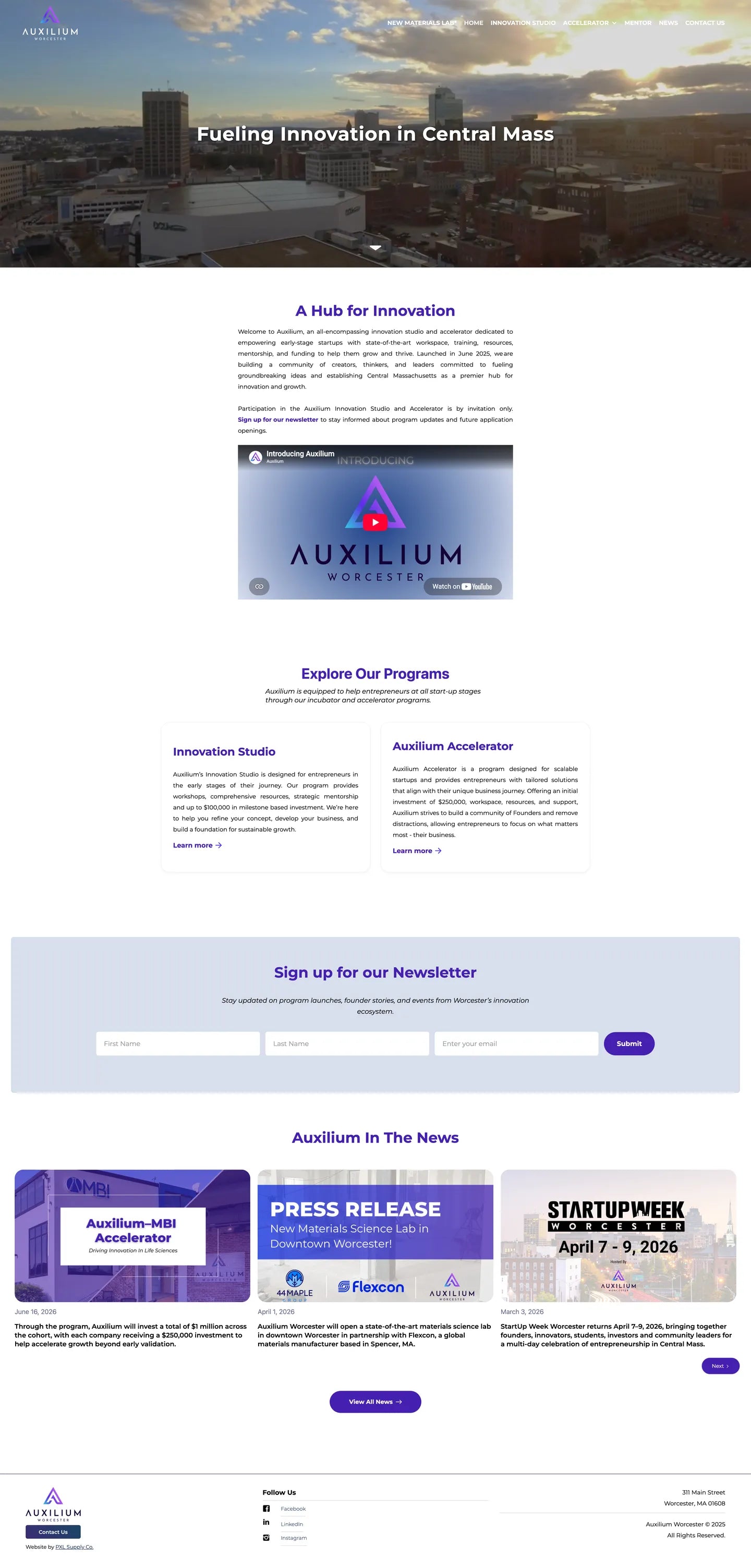 Auxilium Worcester homepage, full page
