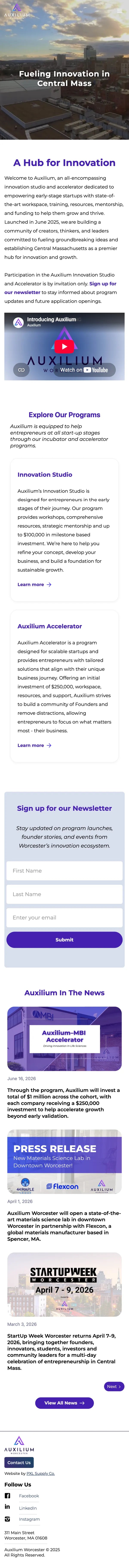 Auxilium Worcester mobile homepage, full page