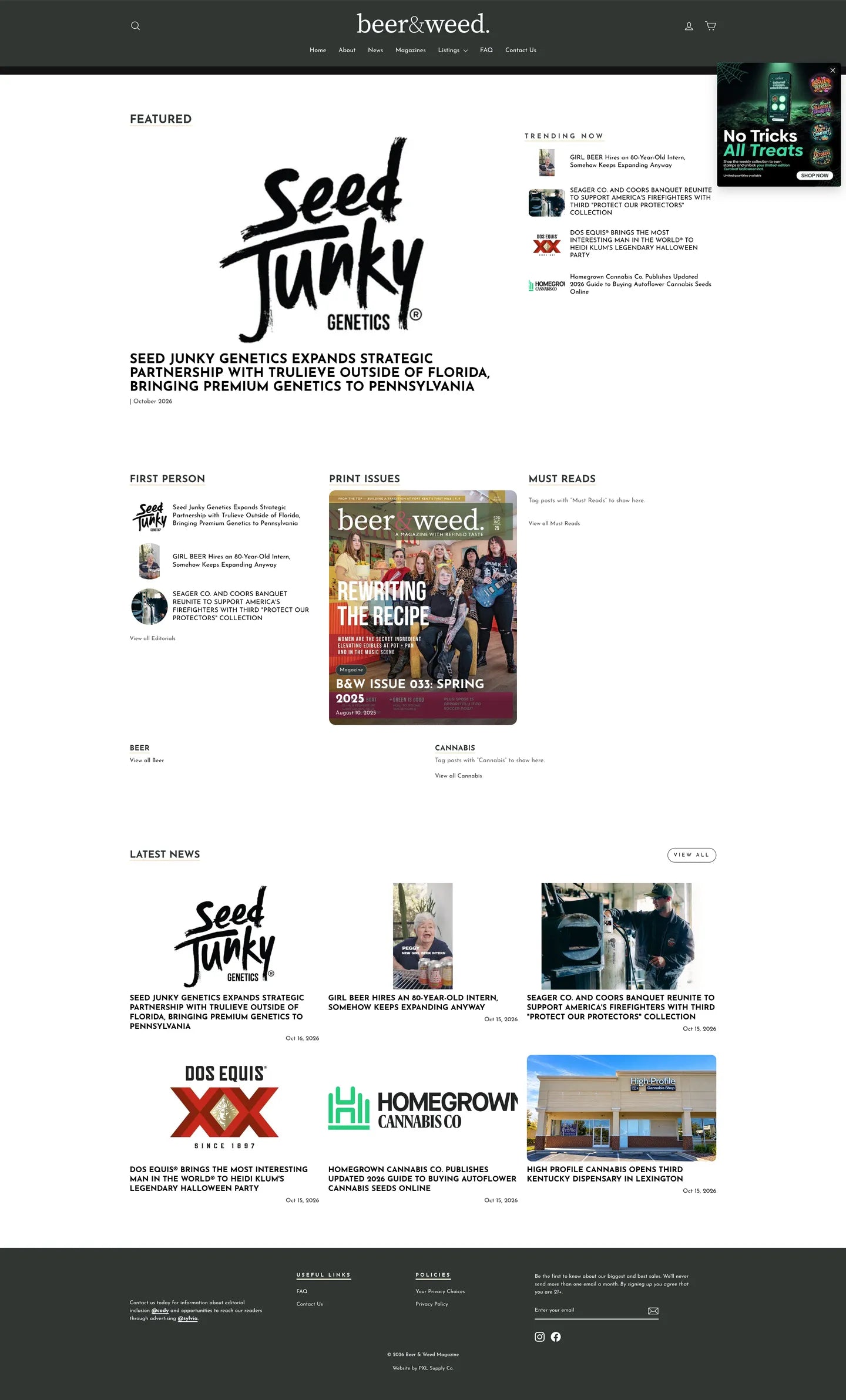Beer & Weed Magazine homepage, full page