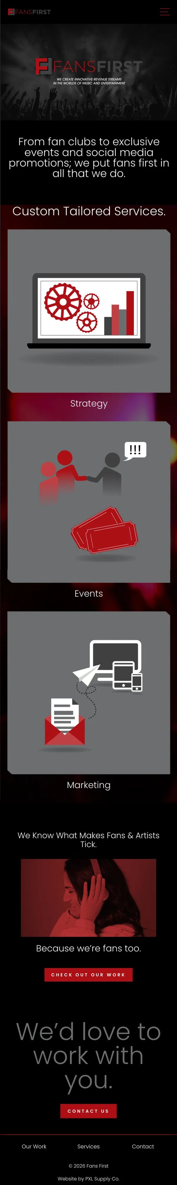 Fans First mobile homepage, full page