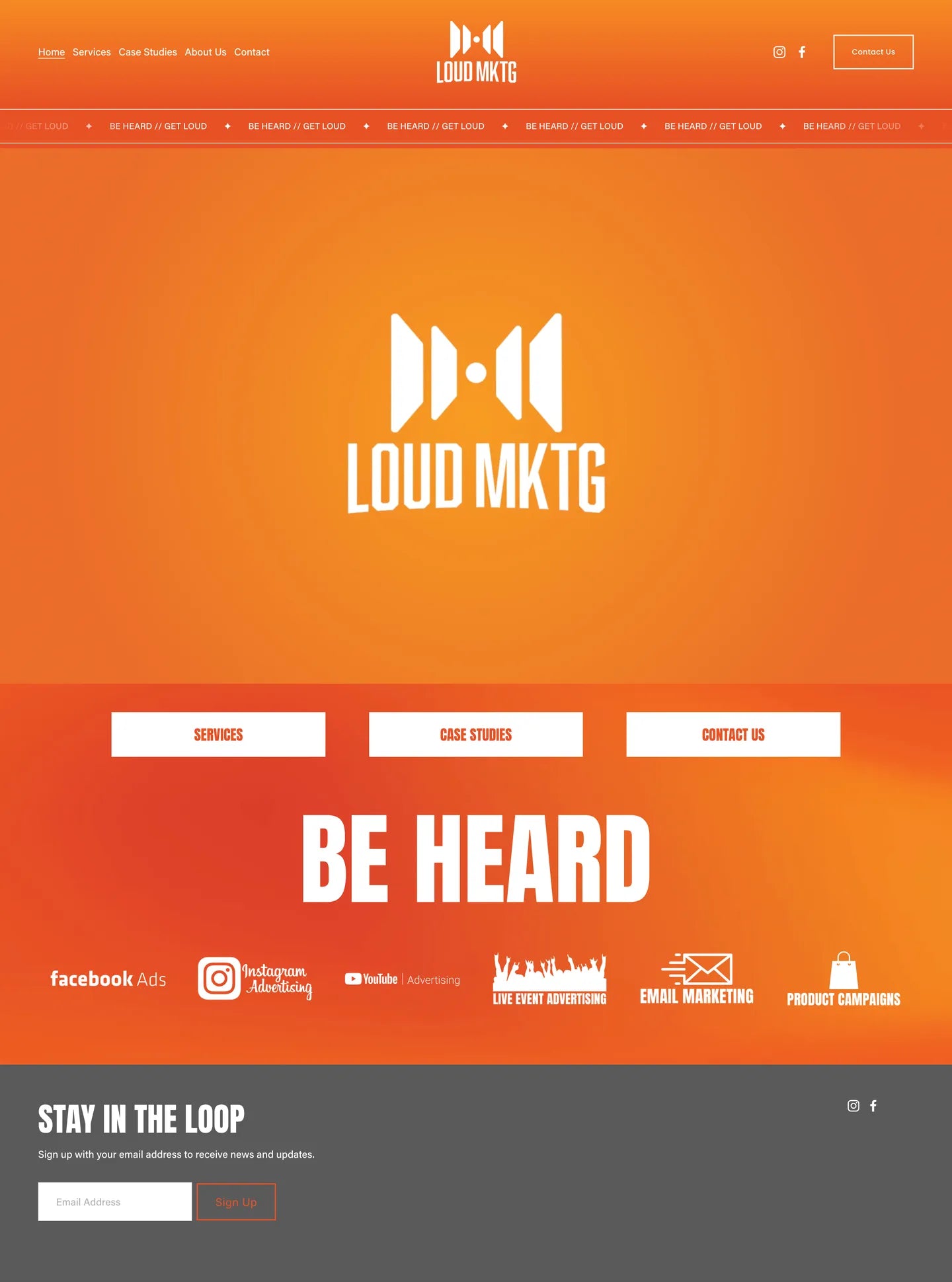 LOUD Mktg homepage, full page