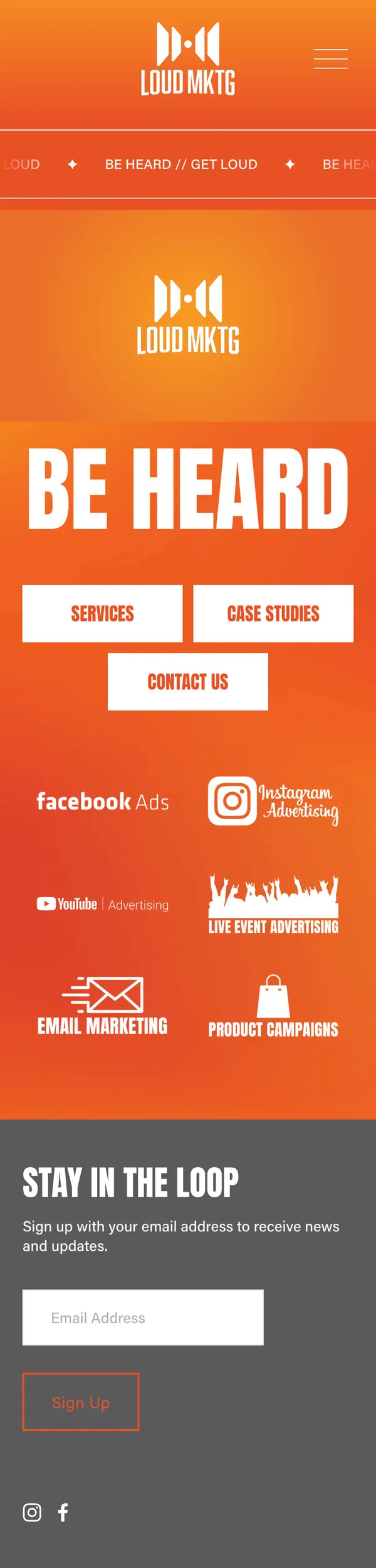 LOUD Mktg mobile homepage, full page