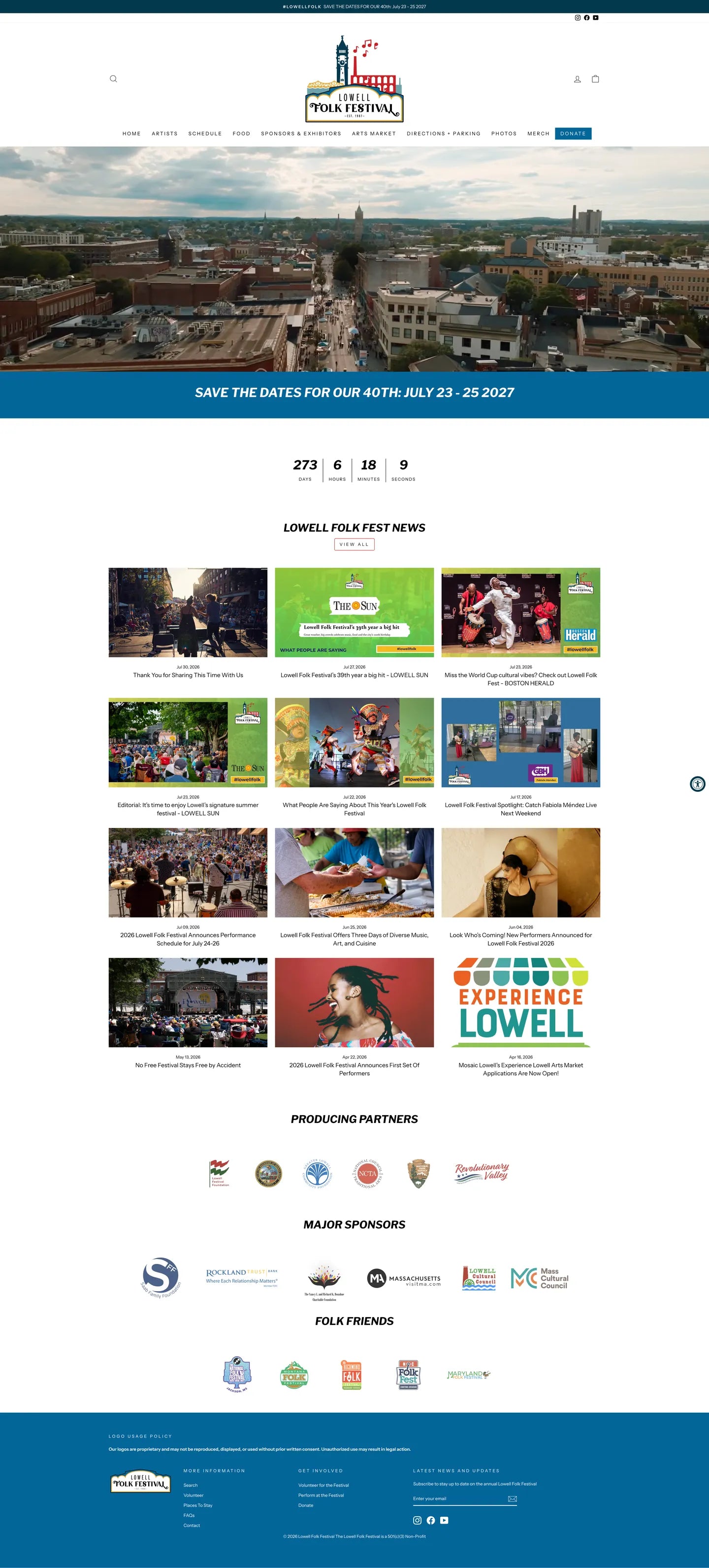 Lowell Folk Festival homepage, full page