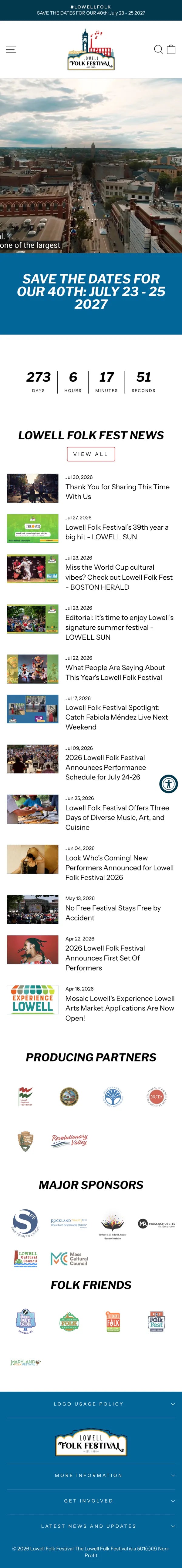Lowell Folk Festival mobile homepage, full page