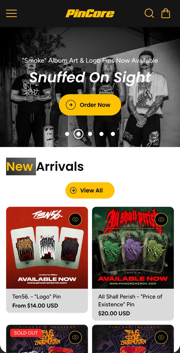 PinCore mobile homepage, full page