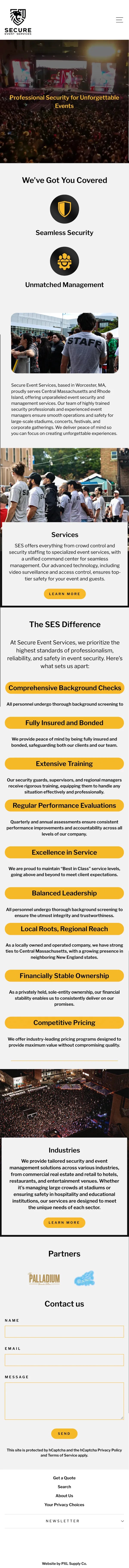 Secure Event Services mobile homepage, full page